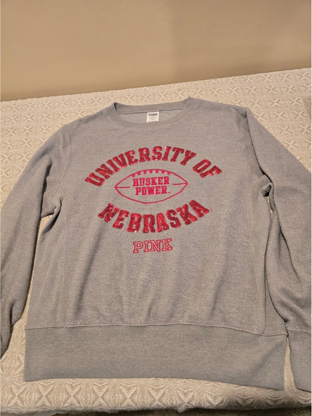 Pink University of Nebraska Huskers Power Gray Crewneck Sweatshirt